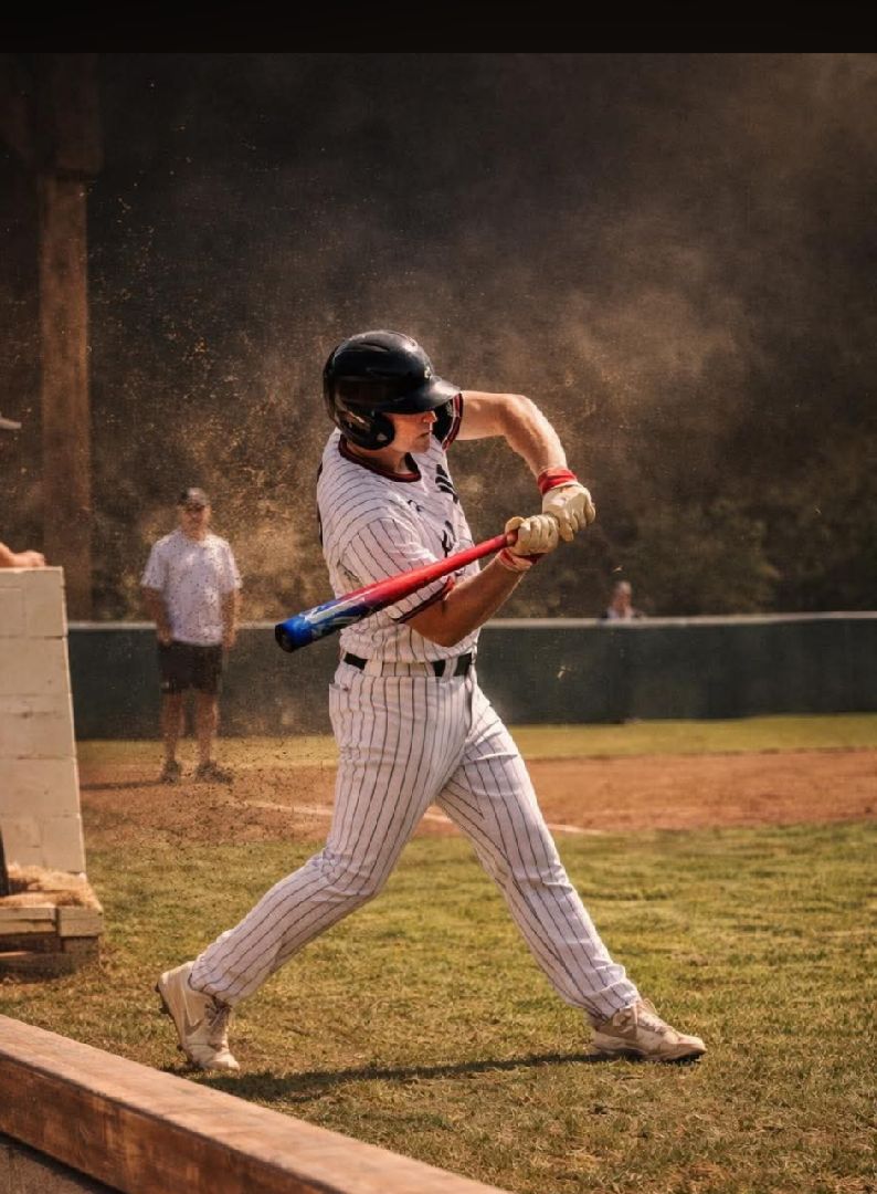 Baseball player making contact with the ball during an outdoor game