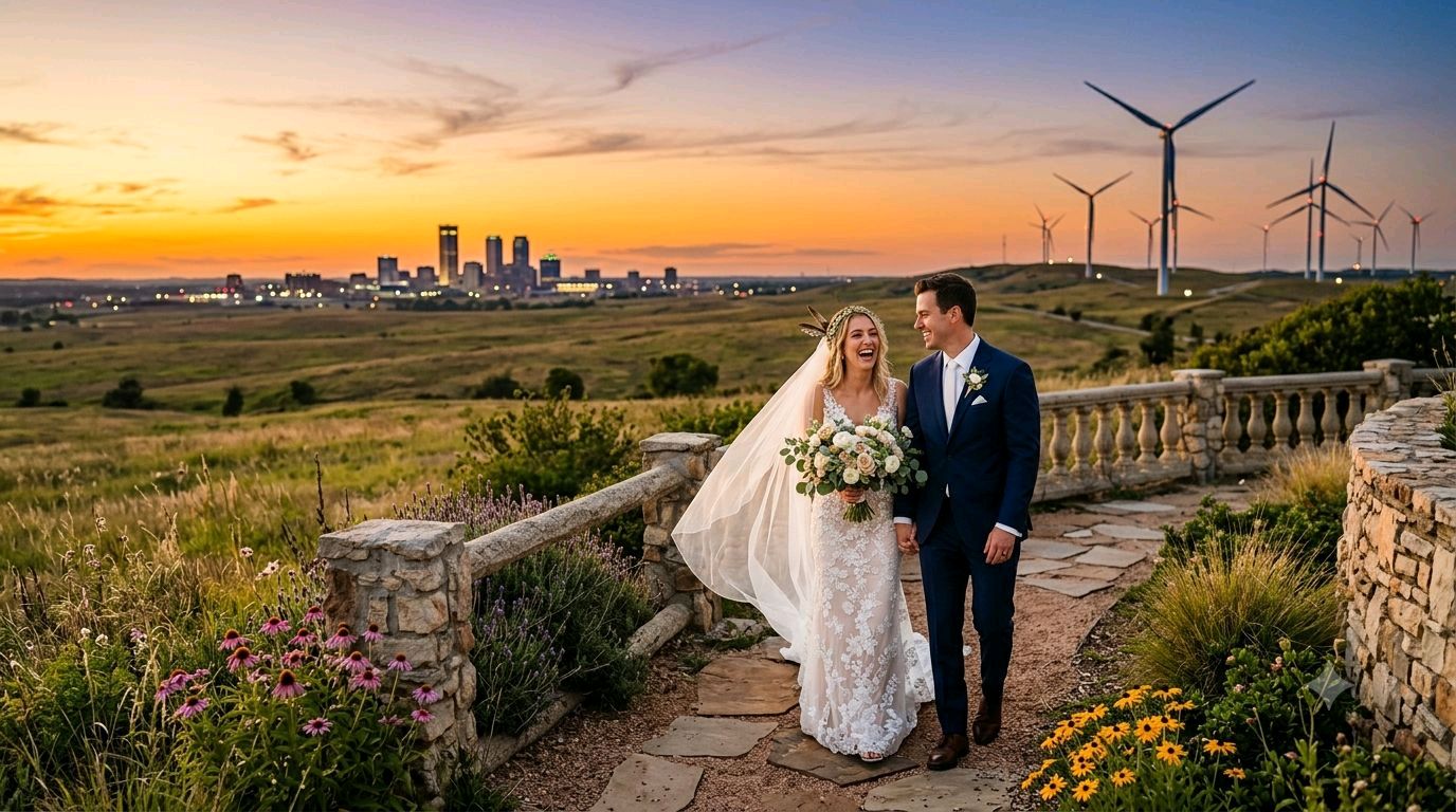Bride and groom walking together at sunset in Oklahoma
